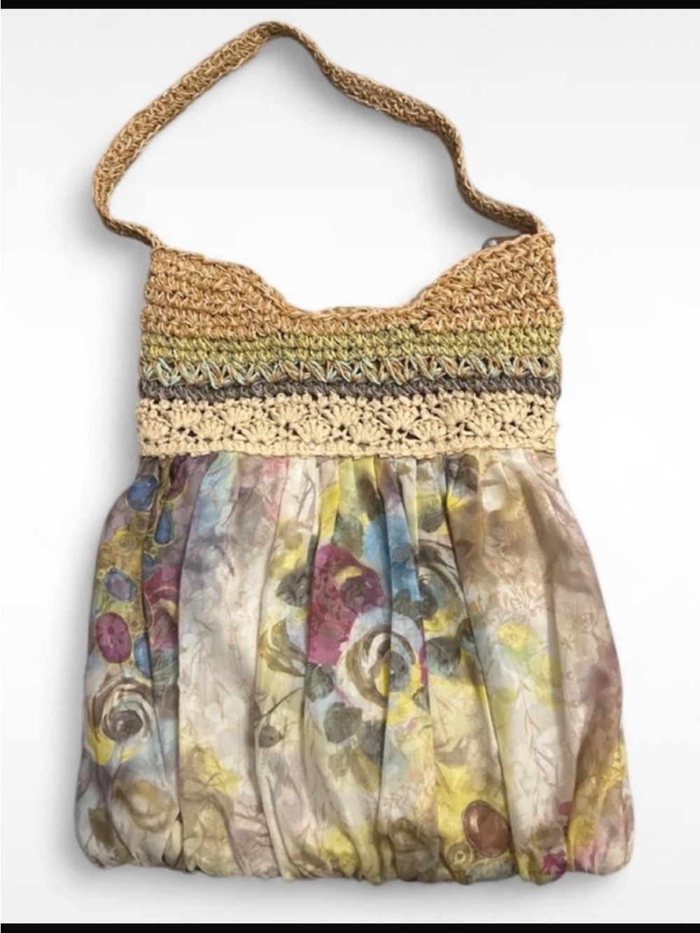 Capelli of New York Crochet Top Floral Print Shoulder Bag
